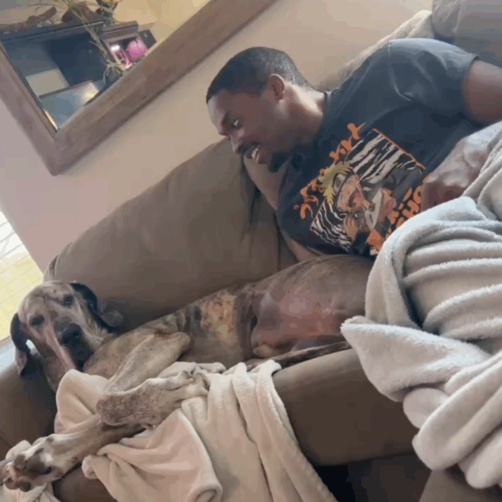 Dior laying on the couch with Brandon, both relaxed and close together during Dior’s recovery.