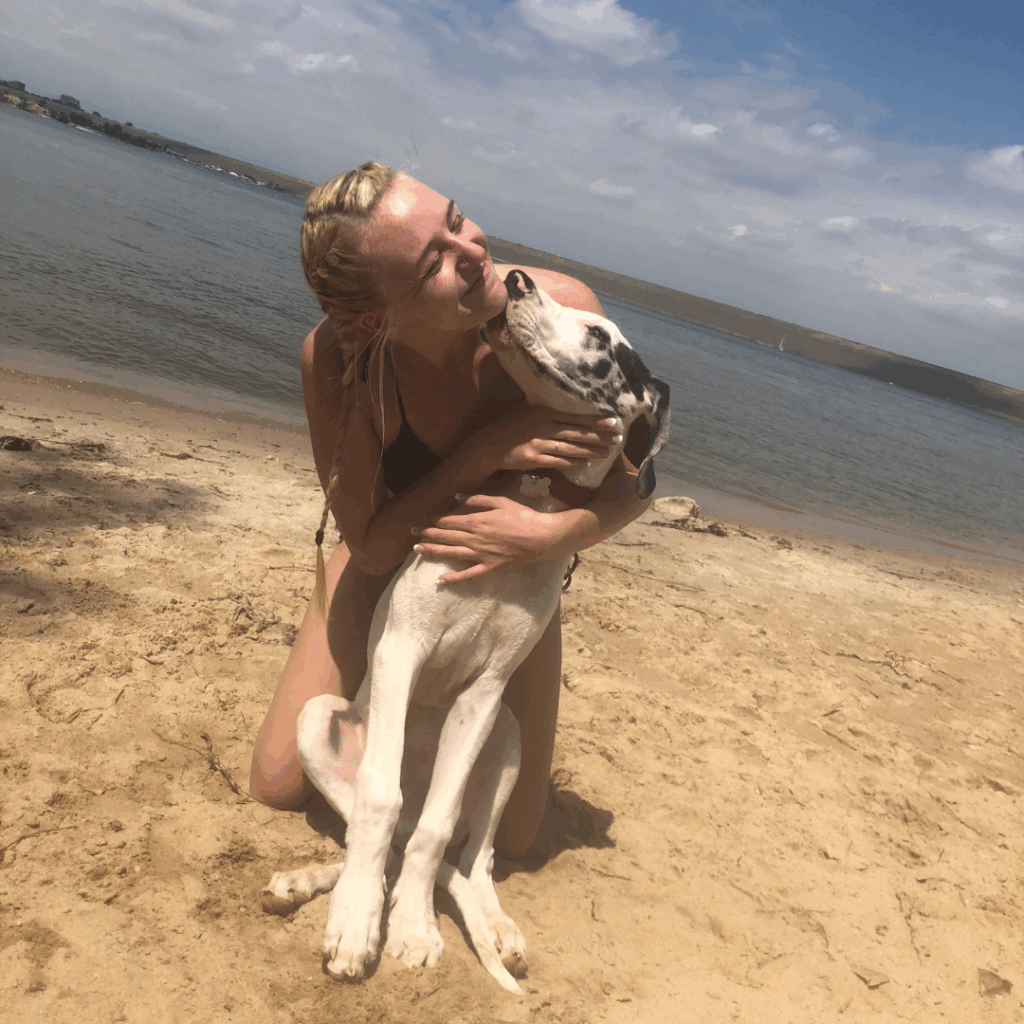 Dymond as a puppy playing on the beach with his ears flapping in the wind